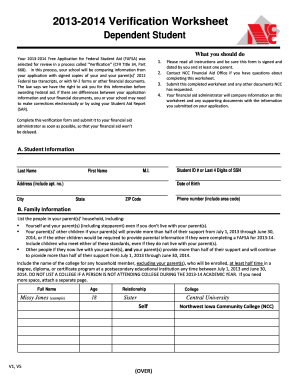 2013-2014 Verification Worksheet for Dependent Student