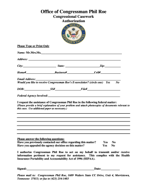 Congressional Casework Authorization Form