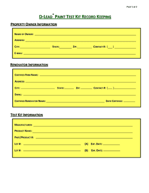 D-Lead Paint Test Kit Record Keeping Form