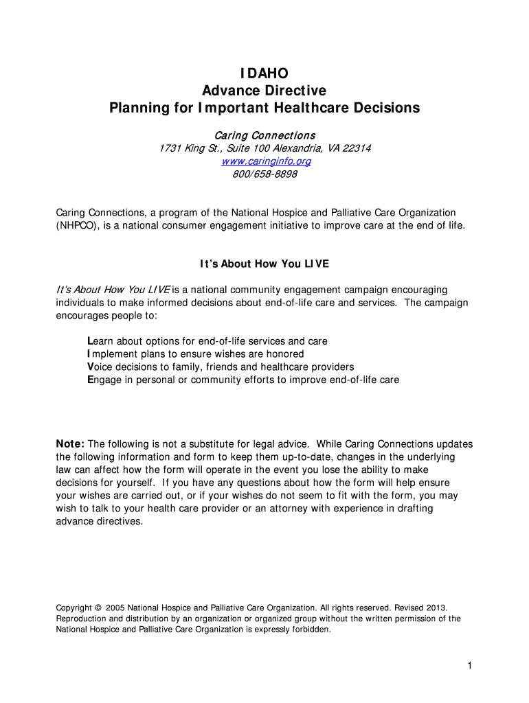 Fillable Online hospiceofnorthidaho Idaho-Advance-Directive-Planningpdf ...