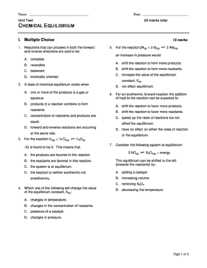 Chemical Equilibrium Unit Test