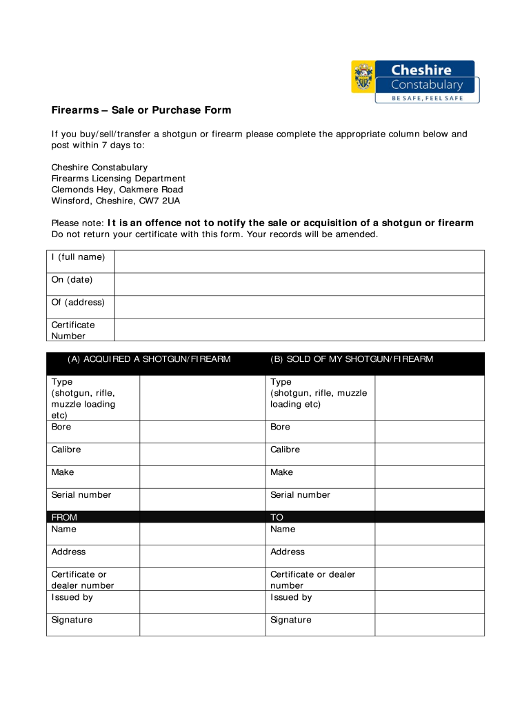 cheshire firearms transfer form Preview on Page 1