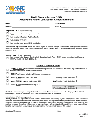 Health Savings Account Affidavit and Payroll Contribution Authorization Form