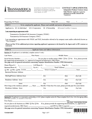 Transamerica Life Insurance Independent Producer Contract Application