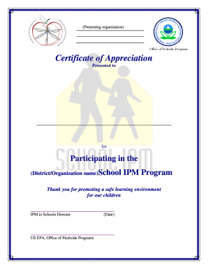 Certificate of Appreciation for School IPM Program Participation