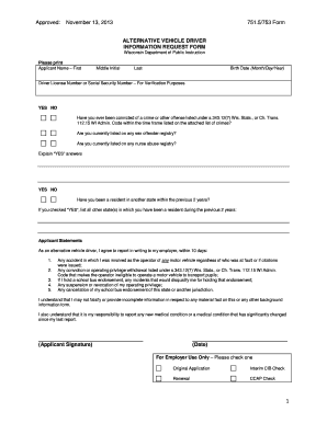 Wisconsin Alternative Vehicle Driver Information Request Form