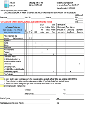 Taylor Station Pre-Surgical Testing Orders