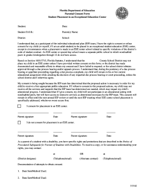 Florida Parental Consent Form for ESE Center Placement