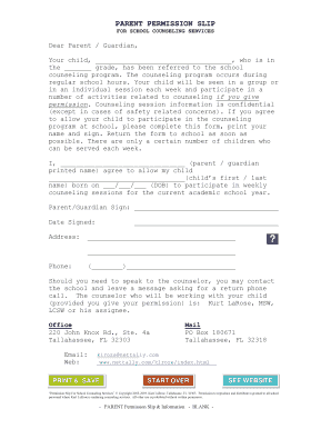 Parent Permission Slip for School Counseling Services