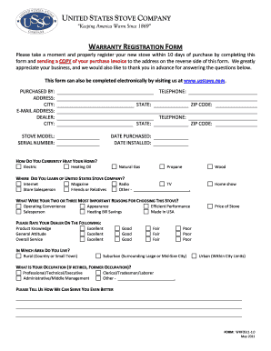 United States Stove Company Warranty Registration Form