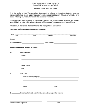 Kindergarten Release Form