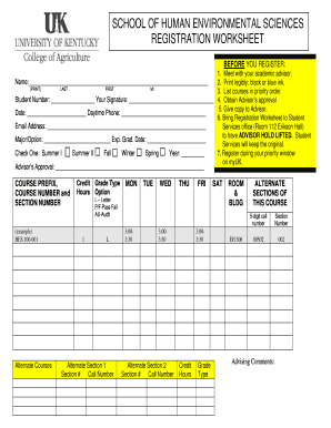 Registration Worksheet for School of Human Environmental Sciences