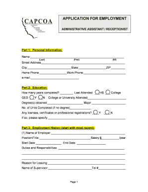 Application for Employment Administrative Assistant