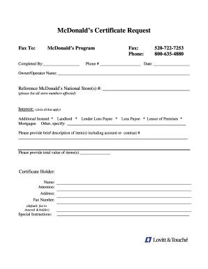 McDonald's Certificate Request Form