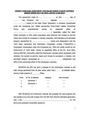 Solar power purchase agreement template - Energy Purchase Agreement for solar power Plants - Tamil Nadu - tnerc tn nic