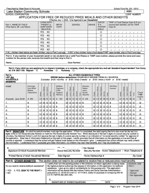 Indiana School Form 521 Free or Reduced Price Meals Application