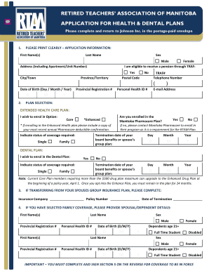 Retired Teachers' Association of Manitoba Health & Dental Plan Application