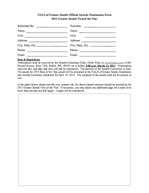 Welcome message for guests - NALS of Greater Seattle Official Awards Nomination Form 2012 Greater Seattle Firmof the Year Submitted By: Nominee: Name: Name: Firm: Firm: Address: Address: City, State, Zip: City, State, Zip: Phone: Phone: Email: Email: Rule &amp - -