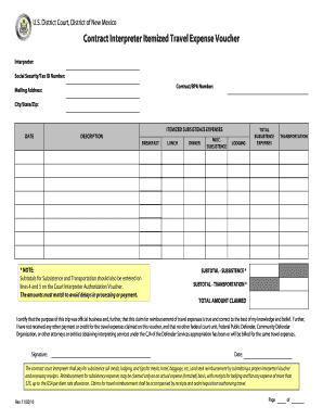 Contract Interpreter Itemized Travel Expense Voucher