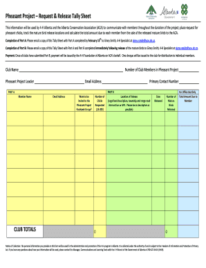 4-H Alberta Pheasant Project Request and Release Tally Sheet