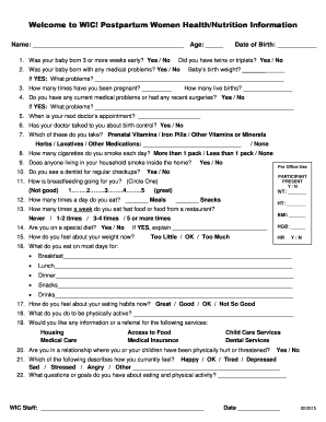 WIC Postpartum Health and Nutrition Form