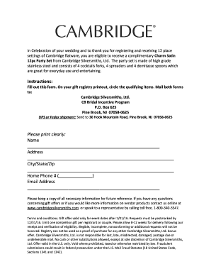 Cambridge Silversmiths Bridal Incentive Form