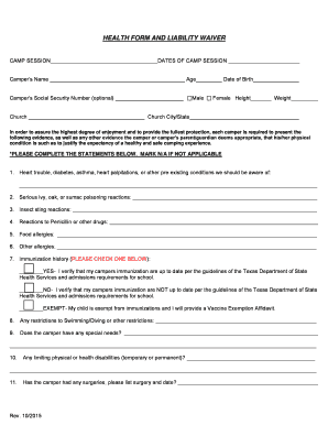 Health Form and Liability Waiver for Camp