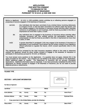 Application for Written Consent to Engage in the Business of Insurance