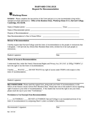 Harvard College Recommendation Request Form