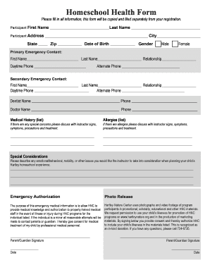 Homeschool Health Form