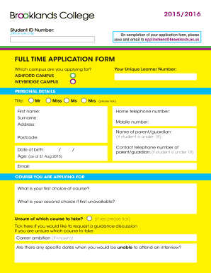 Brooklands College Full Time Application Form