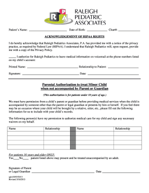 HIPAA Rights Acknowledgement and Parental Authorization Form