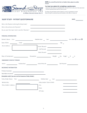Sleep Study Patient Questionnaire