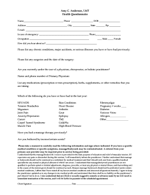 Health Questionnaire for Massage Therapy