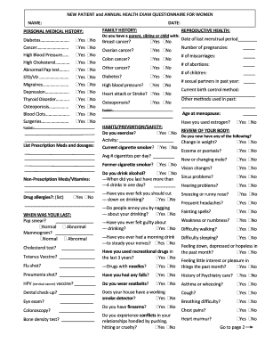New Patient Annual Health Exam Questionnaire for Women
