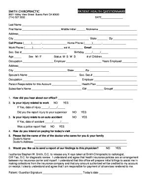 Smith Chiropractic Patient Health Questionnaire