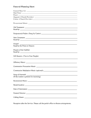 Funeral Mass Planning Sheet