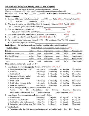 Nutrition Activity Self-History Form - Child 1-5 years