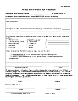 Notice and Consent for Kindergarten Placement