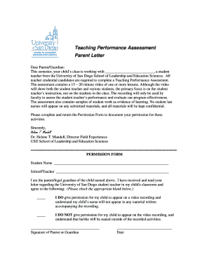 Teaching Performance Assessment Parent Letter
