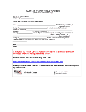 South Carolina Auto Bill of Sale