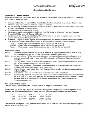 FDA Prior Notice Data Sheet
