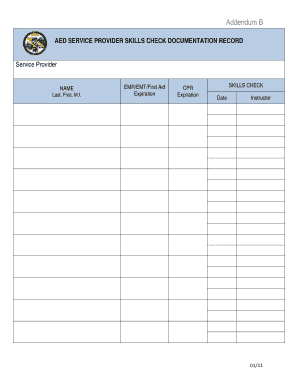 AED Service Provider Skills Check Documentation Record