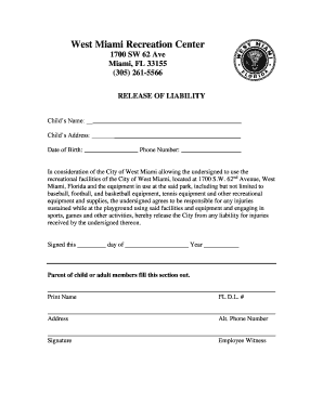 West Miami Recreation Center Release of Liability