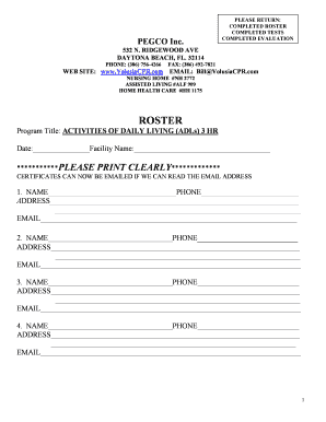Activities of Daily Living (ADLs) Training Roster
