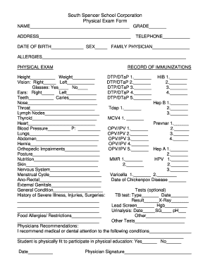 South Spencer School Physical Exam Form
