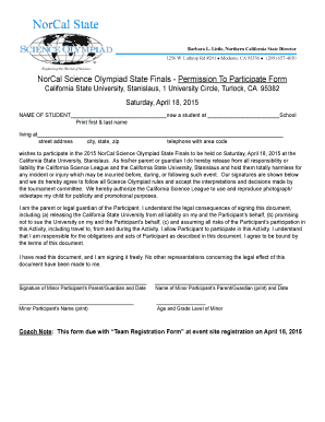NorCal Science Olympiad State Finals Permission Form