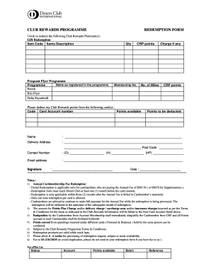 Club Rewards Programme Redemption Form