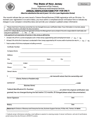New Jersey VOB Annual Verification Form