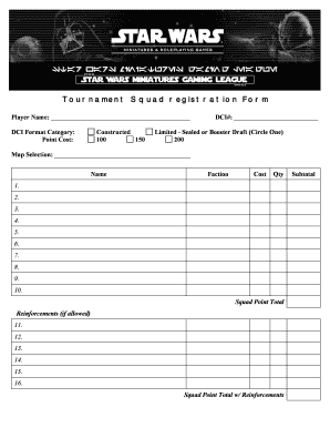 Star Wars Miniatures Gaming League Tournament Squad Registration Form